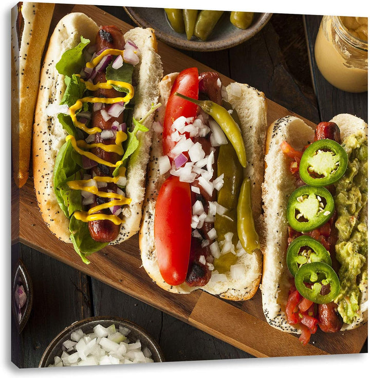 Amerikanische Hotdogs, Format: 70x70 auf Leinwand, XXL riesige Bilder fertig gerahmt mit Keilrahmen,