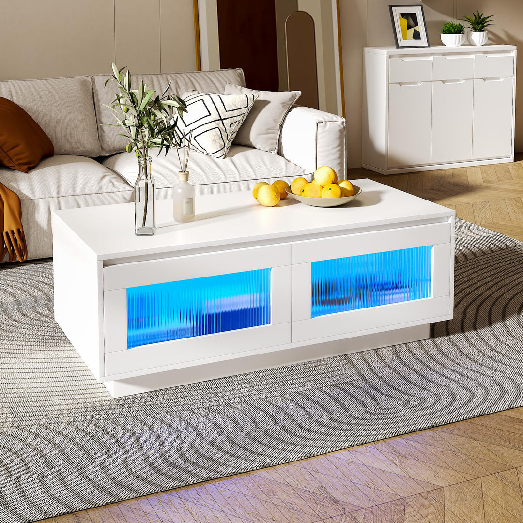 KEEPREAPER Couchtisch Wohnzimmertisch mit LED Beleuchtung, Sofatisch mit 2 Ablagefächern für Wohnzim