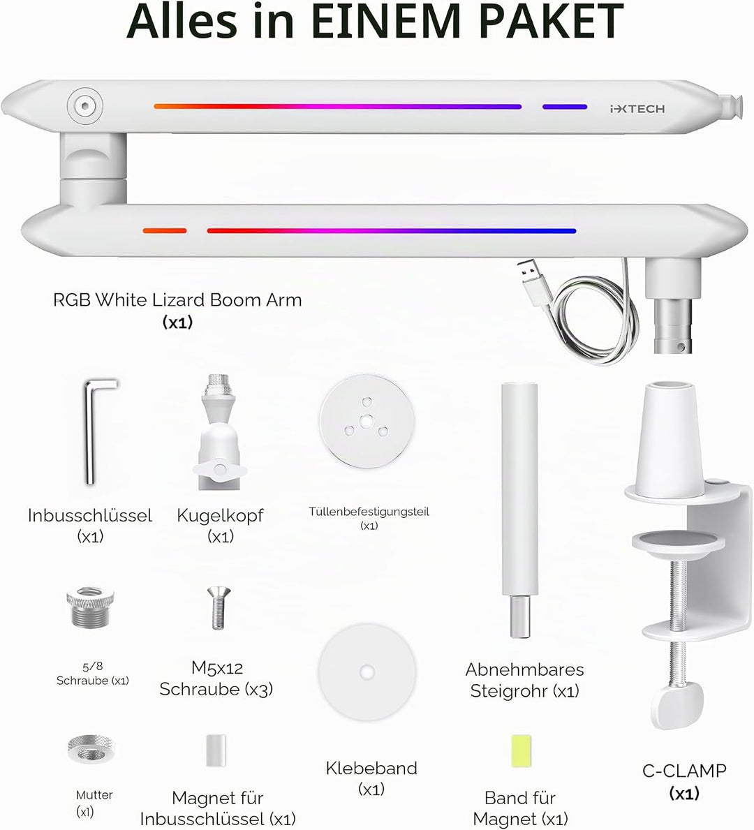 IXTECH RGB Low Profile Galgenarm für Mikrofon, verstellbarer Mikrofonarmständer mit Tischhalterungsk