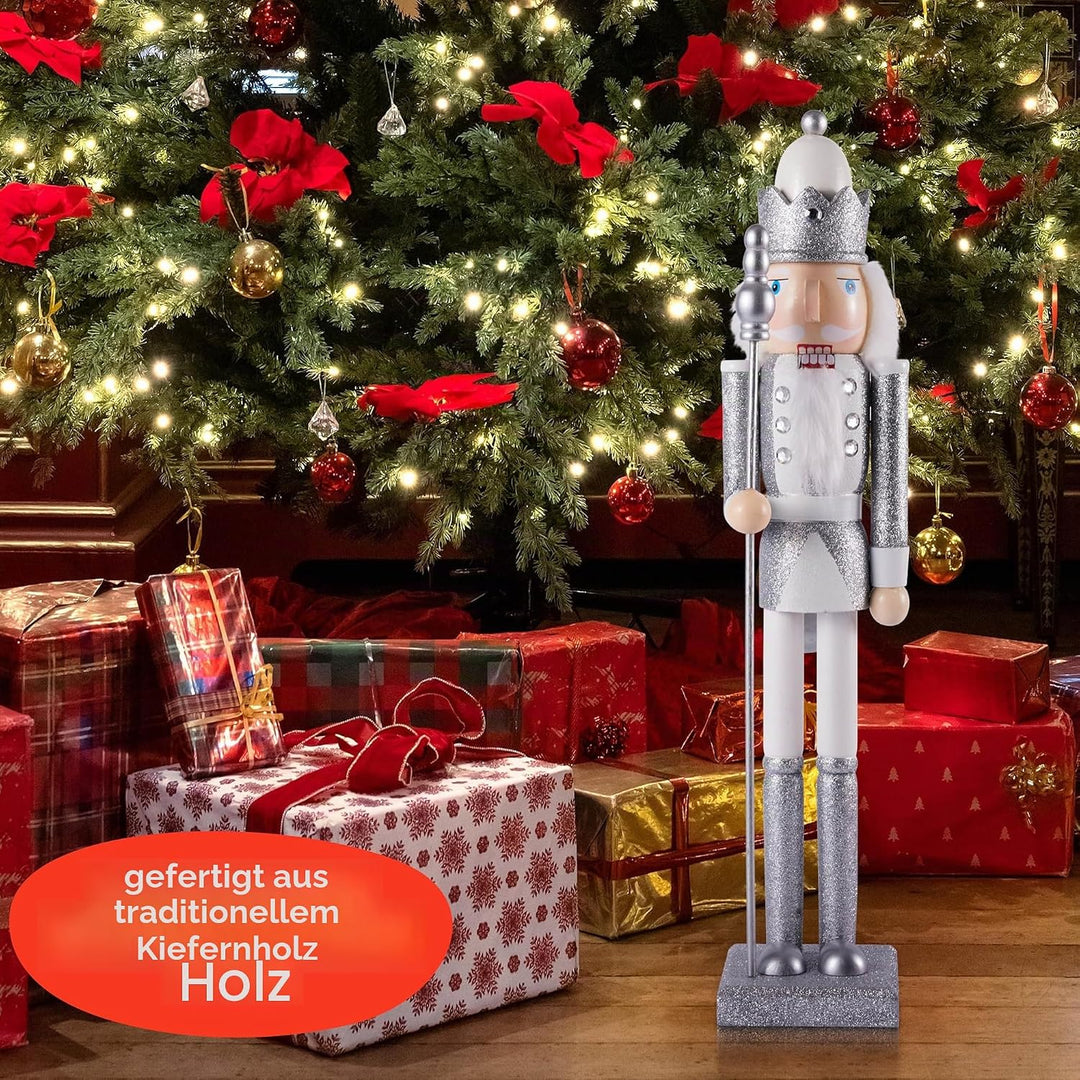 THE TWIDDLERS Grosse Holz Weihnachten Nussknacker Figuren (Weiss & Silber), XL 50cm - Traditionelle