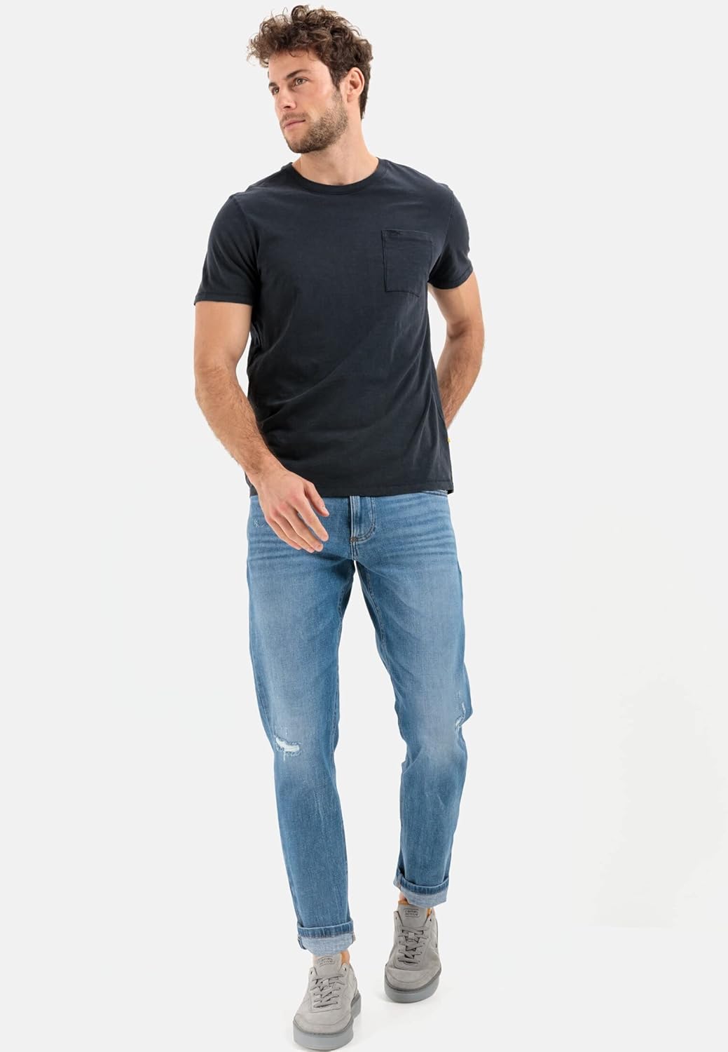 camel active Herren Tapered Fit Destroyed Jeans mit Smartphone Tasche 35W / 30L Denim Blau, 35W / 30