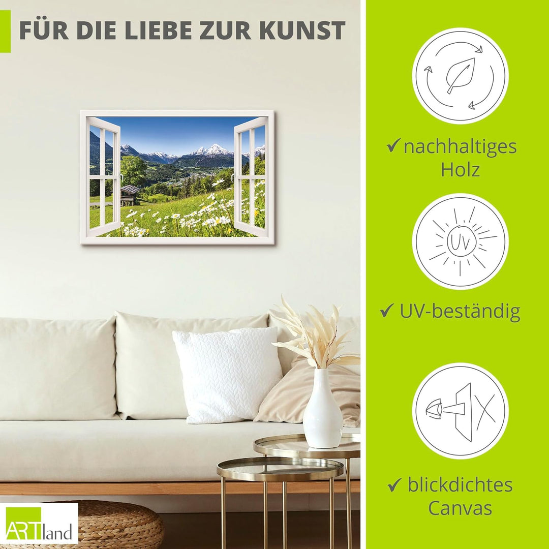 Artland Leinwandbild Wandbild Bild auf Leinwand 70x50 cm Wanddeko Fensterblick Fenster Alpen Landsch
