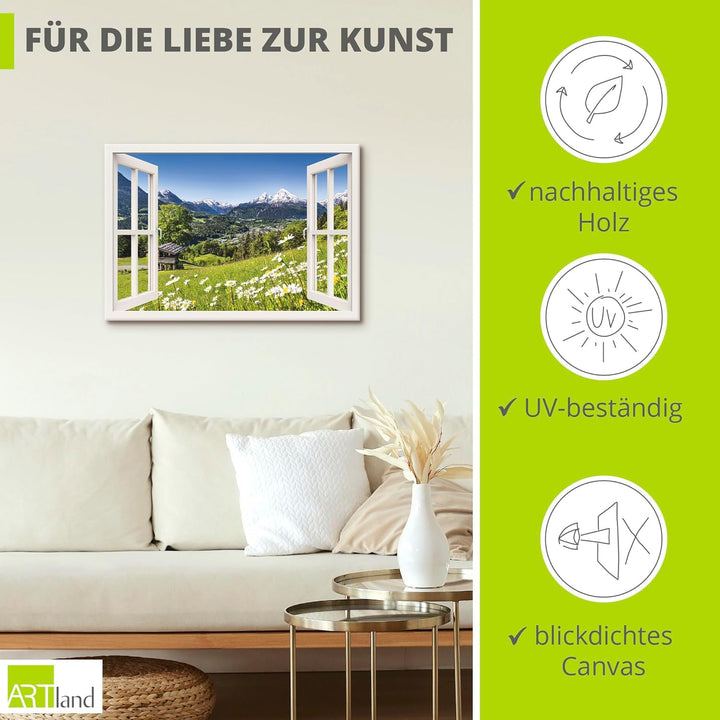 Artland Leinwandbild Wandbild Bild auf Leinwand 70x50 cm Wanddeko Fensterblick Fenster Alpen Landsch