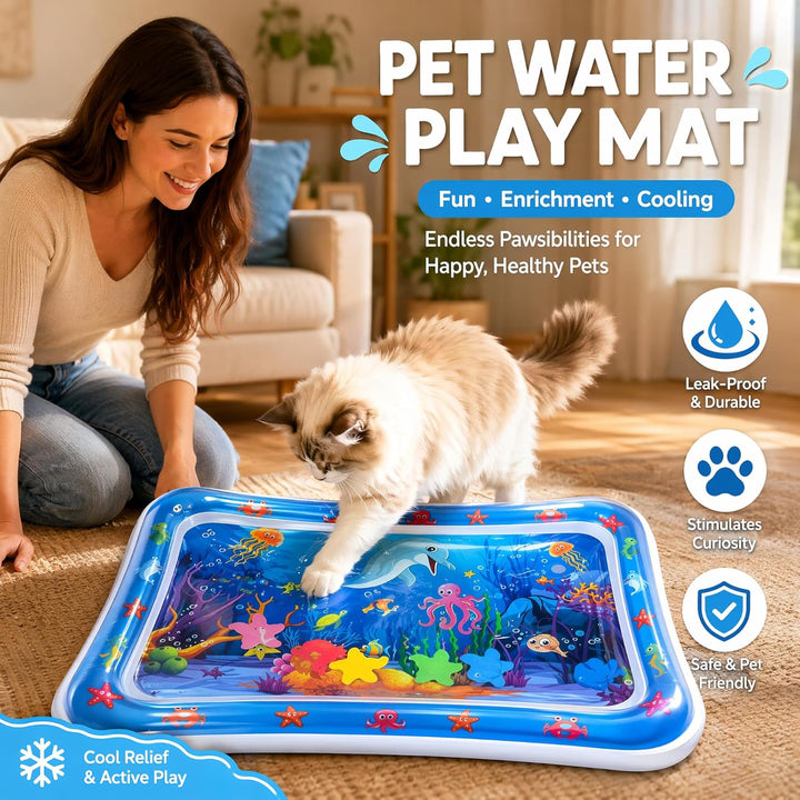 Wasserspielmatte Interaktives Katzenspielzeug, 2 Stück Kühlmatte Katze mit Fischen, Verdickte PVC Wa