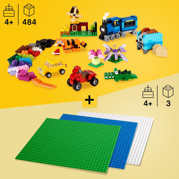 LEGO Classic Bausteine Box + Platten grün, blau und weiss, Starterset für Kinder ab 4 Jahren Grün, B
