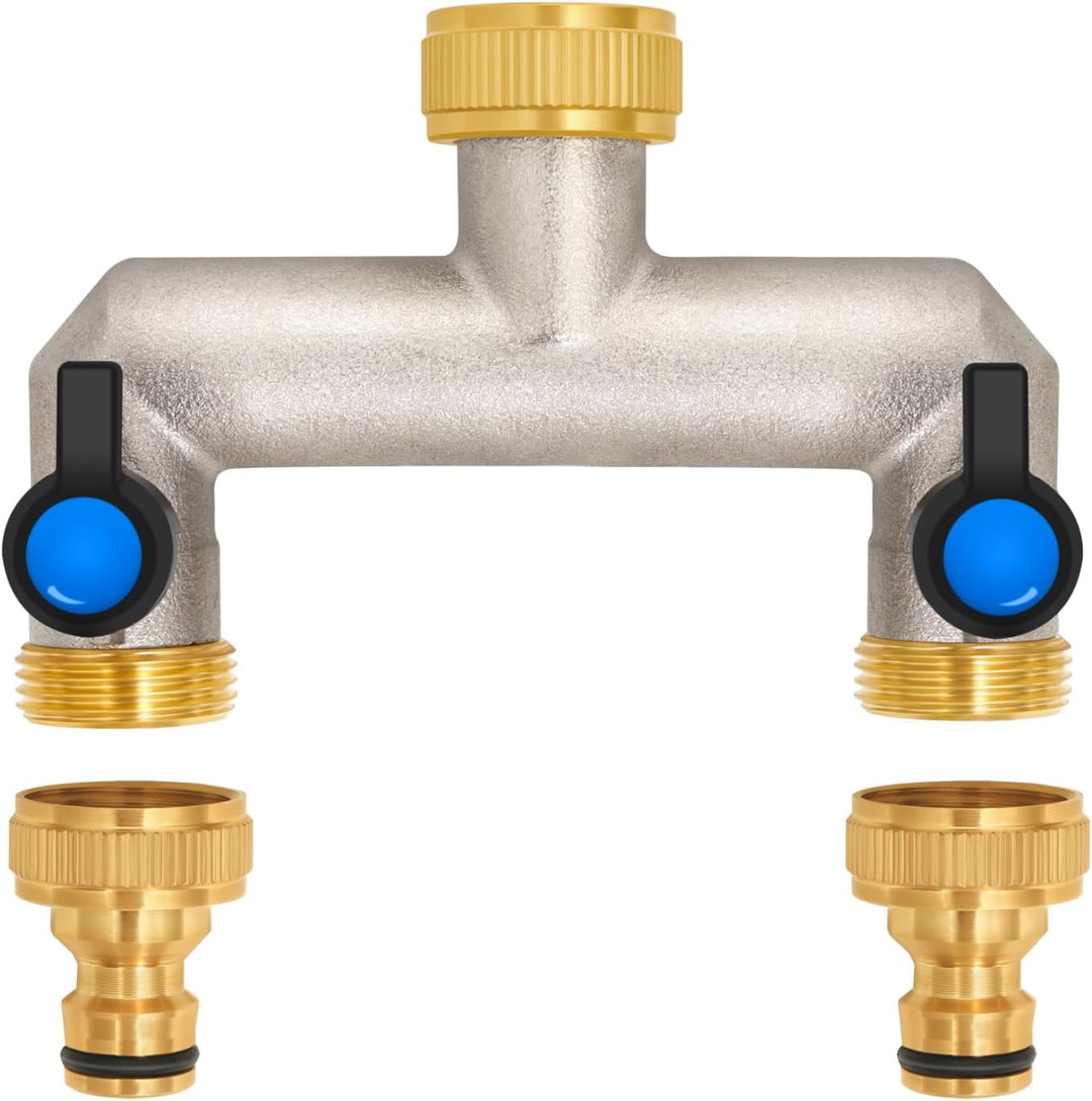 2-Wege Wasserhahn Wasserverteiler aus Messing für 2 Geräte/Gartenschläuche, 2er Verteiler 3/4" Adapt