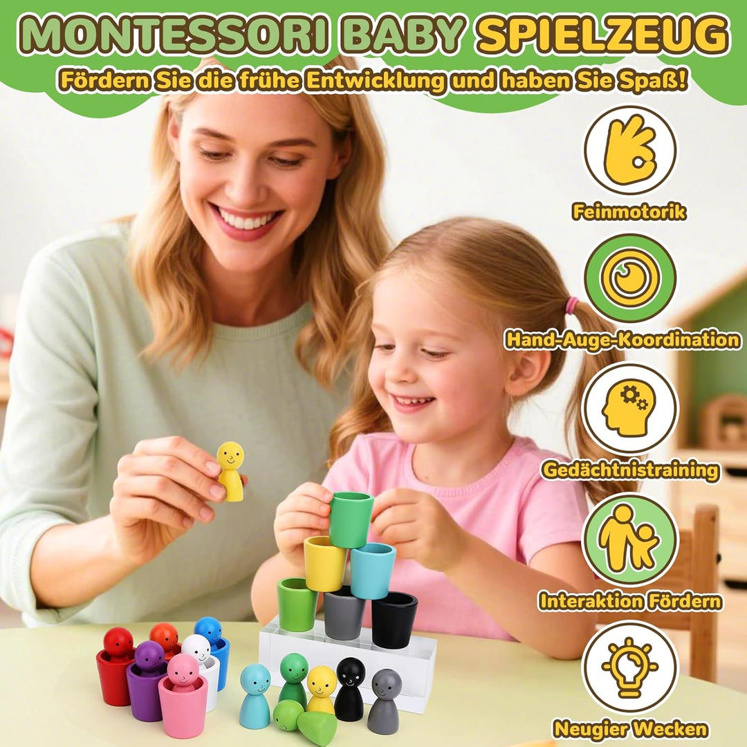 Montessori Spielzeug ab 3 Jahr, Holz Sortier Stapelsteine Spielzeug, 12 Kugeln Regenbogen Holzkugeln