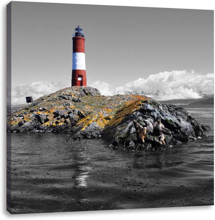 Pixxprint Leuchtturm mit Robben auf Kleiner Insel im Meer Schwarz/Weiss, Format: 70x70 auf Leinwand,