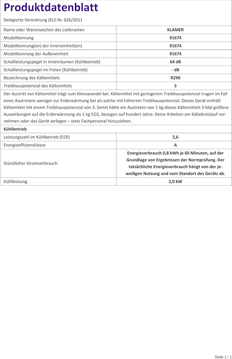 KLAMER Mobile Klimaanlage mit Abluftschlauch und Wassertank, 7000 BTU/h, 3-in-1 Klimagerät für Räume