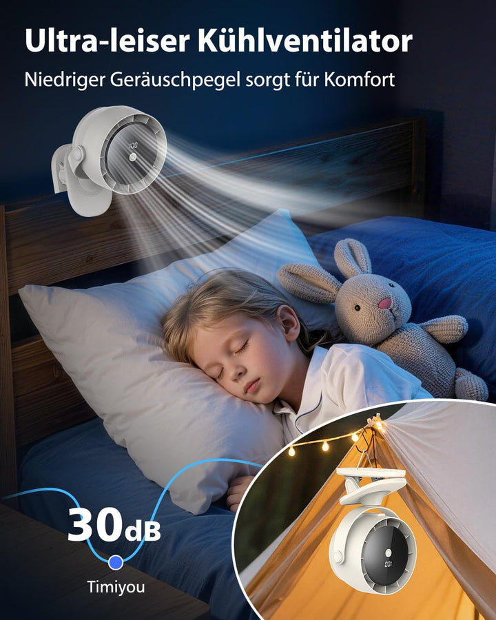 Tragbarer USB Tischventilator mit Akku, 100 Stufen, 360° Drehen & Kippen, Digitalanzeige, Mit Klemme
