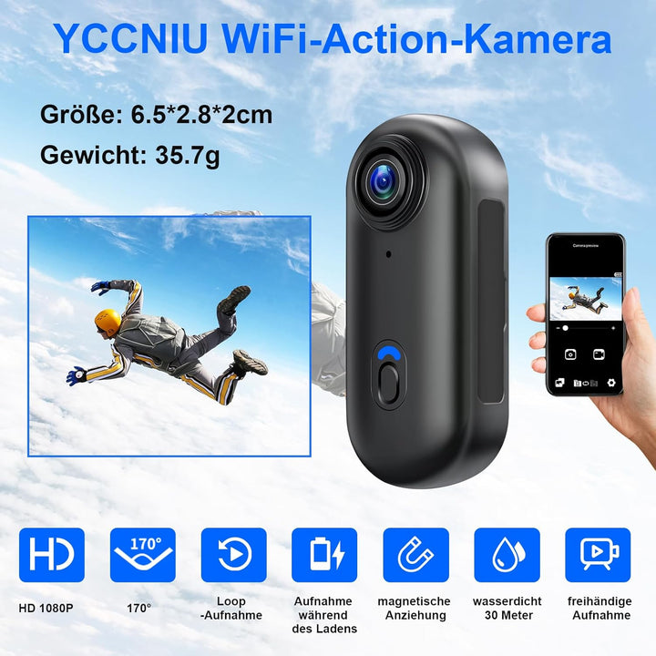 Daumen Action Cam, Motorrad Mini WiFi Kamera HD 1080P Body Kamera, Magnetische Sporthelmkamera mit 3