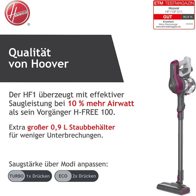 Hoover Akku-Staubsauger ohne Beutel + Tierdüse I bis zu 120 m² mit 1 Akkuladung I Staubsauger kabell