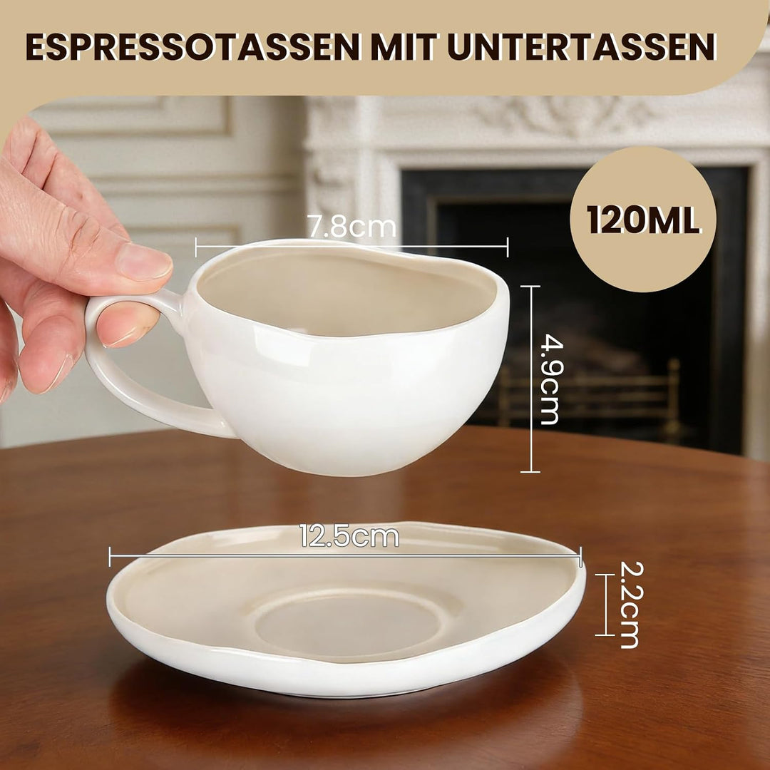 HOMELUX Espressotassen Set 6-Teilig mit Untertasse, 120ml Keramik,Hellbeige | Kaffeetassen Mit Unter