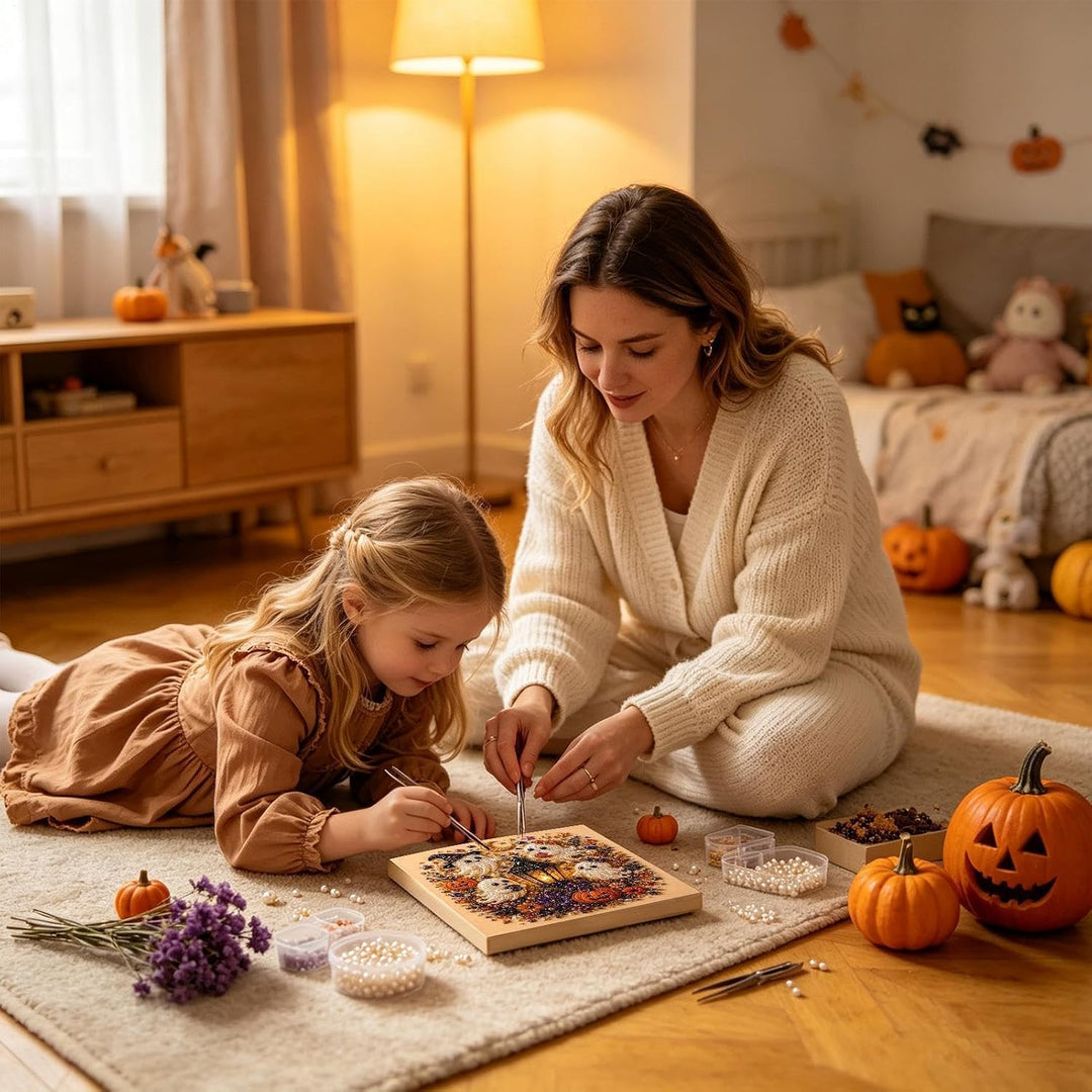 Halloween Perlenkunst Kreativset - 3D Geisterbild | Diamantmalerei | Sauberes Basteln Ohne Kleber -