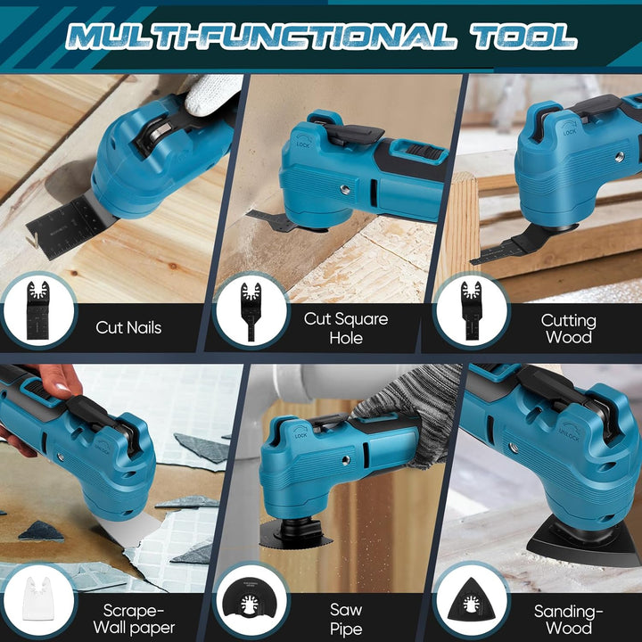 Akku Multifunktionswerkzeug, Multitool mit 6 Einstellbaren Geschwindigkeiten und bürstenlosem Motor,