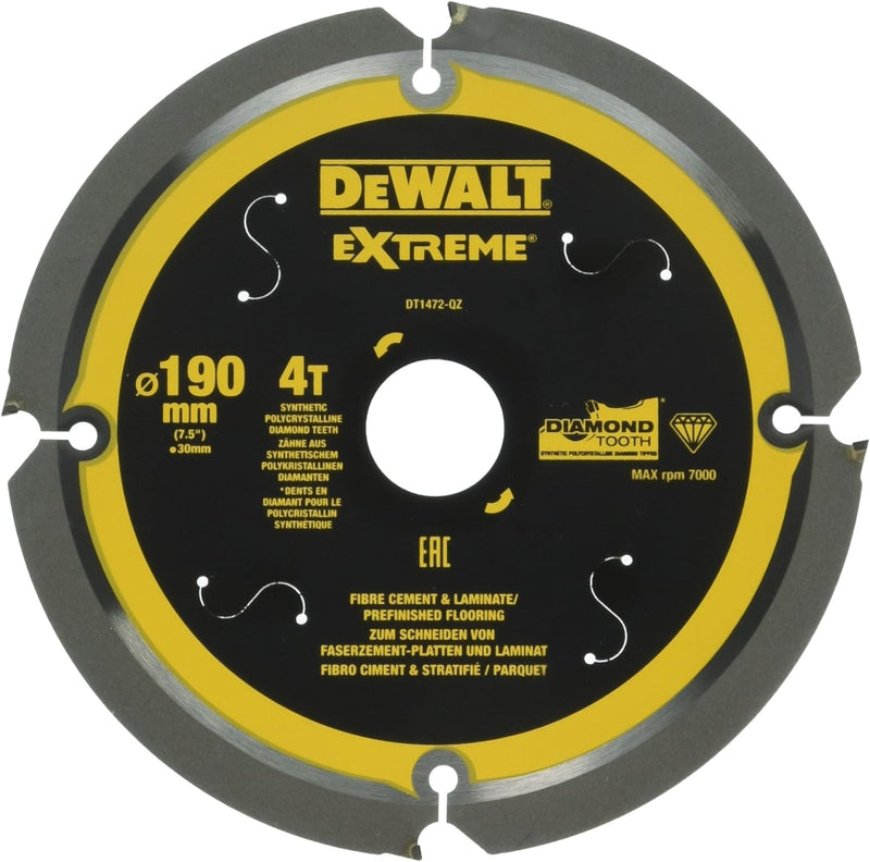 Dewalt Faserzement-Kreissägeblatt DT1472 (190/30 mm, 4 Zähne, 12°, speziell für Faserzement-Platten