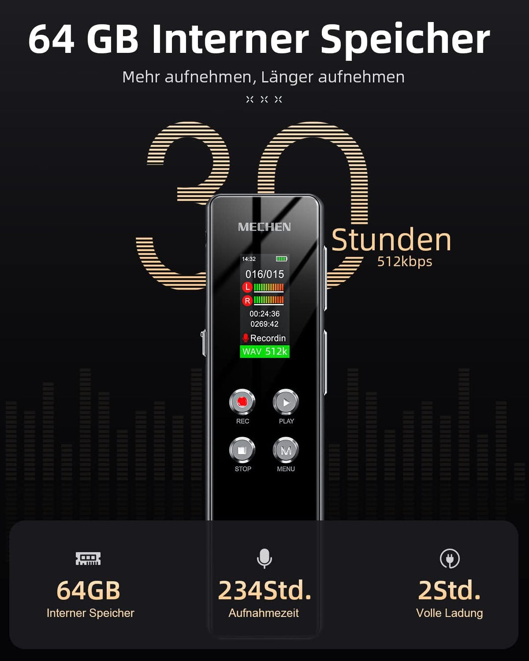 MECHEN 64GB Diktiergerät, EIN-klick HD-Aufnahme (1536kbps), VOR Sprachrekorder, Autom. Rauschunterdr