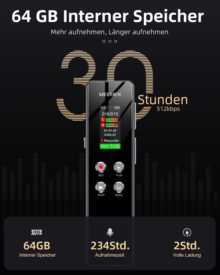 MECHEN 64GB Diktiergerät, EIN-klick HD-Aufnahme (1536kbps), VOR Sprachrekorder, Autom. Rauschunterdr