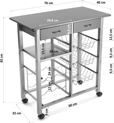 Versa Leicester Küchenwagen mit Rädern, Schubladen und Flaschenregal, Gemüsehändler, Küchenablage, M