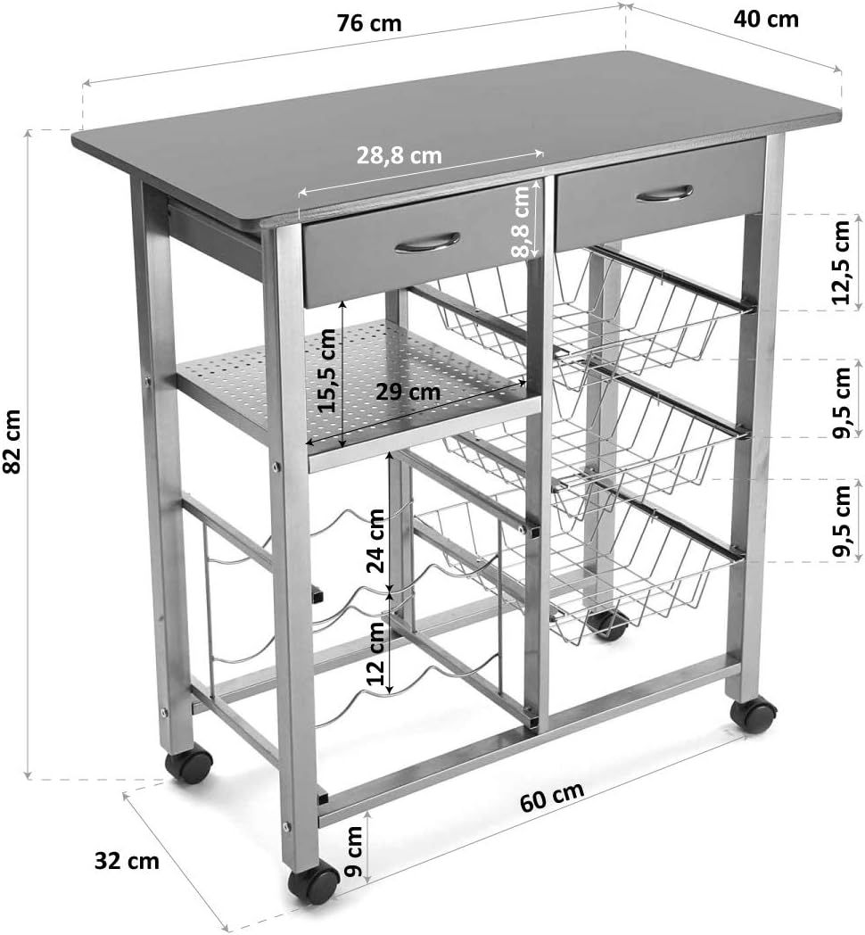 Versa Leicester Küchenwagen mit Rädern, Schubladen und Flaschenregal, Gemüsehändler, Küchenablage, M