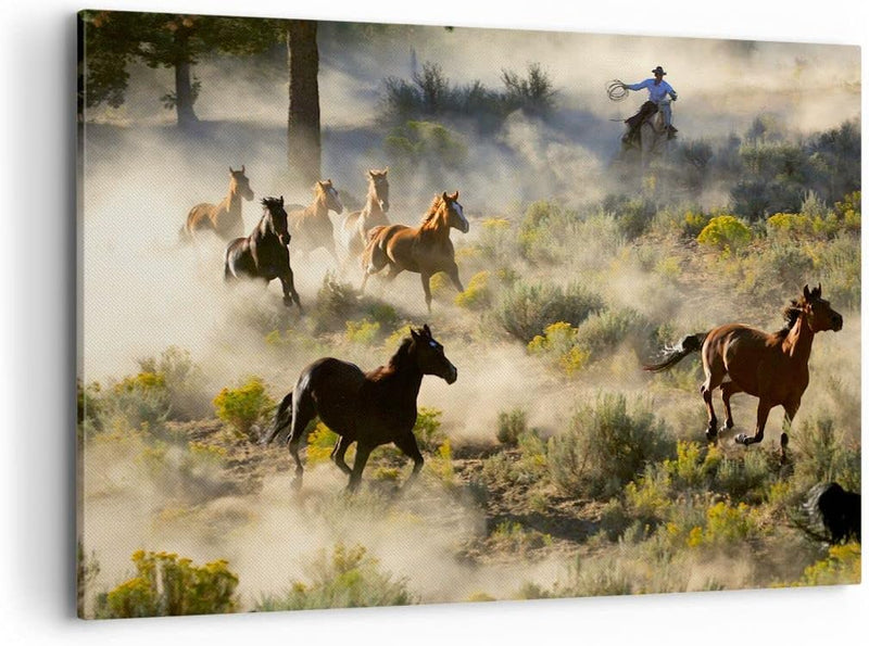 ARTTOR Bilder auf Leinwand 100x70cm Leinwandbild Cowboy Cowgirl Pferd Gross Wanddeko Bild Schlafzimm