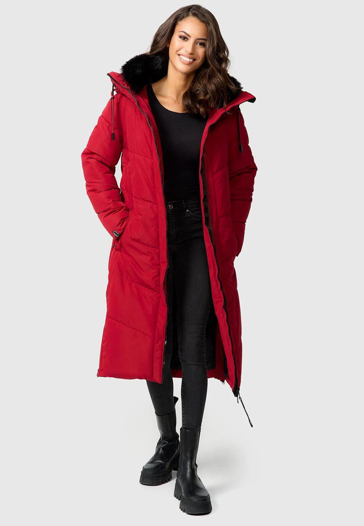 MARIKOO Damen Wintermantel warmer Steppmantel lang mit Kapuze und abnehmbarem Kunstfellkragen Nadare