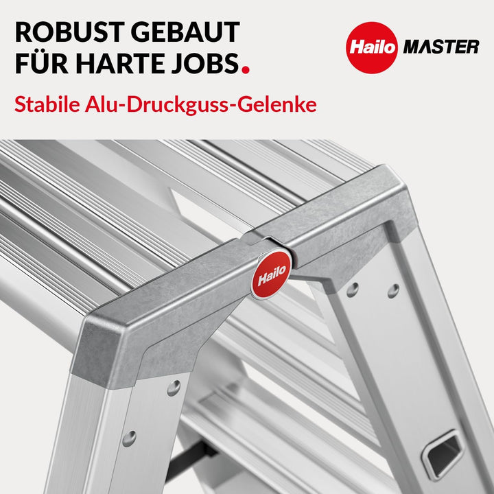 Hailo Master D100 Aluminium Doppelstufenleiter – beidseitig begehbare Stufenleiter - breite Rutschhe