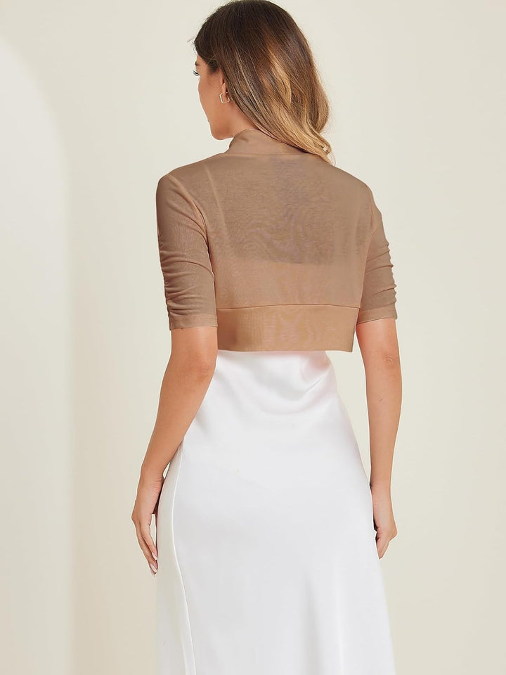 Allegra K Damen Kurzarm Elegant Rüschen Festlich Bolero Vorne Offen Crop Jacke Shrug L Braun, L Brau