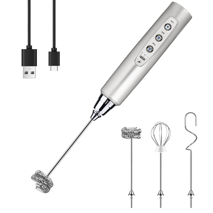 YUSWKO Milchaufschäumer Stab für Kaffee, Usb Wiederaufladbarer Aufschäumer, 3 Schneebesen-Köpfe 3 Ge