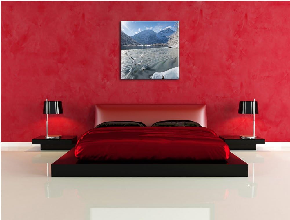 Winterlandschaft See, Format: 70x70 auf Leinwand, XXL riesige Bilder fertig gerahmt mit Keilrahmen,