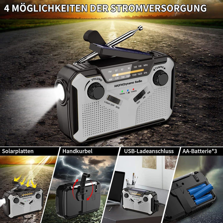Solar Radio, AM/FM Tragbar Kurbelradio Dynamo Notfallradio mit 4000mAh Wiederaufladbare Batterie, Le