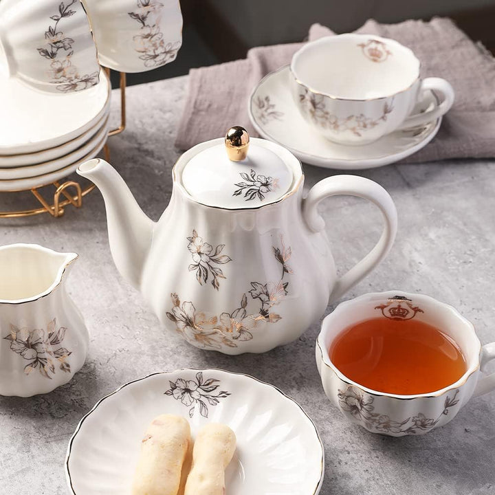 Sweejar Home 22 Stück Europäischen Stil Tee Service, Teetasse und Untertasse Set, Keramik Kaffeeset,