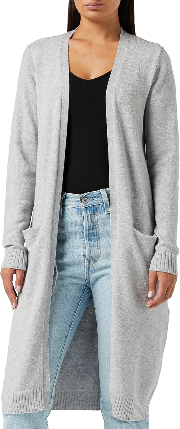 Vila Damen VIRIL Long L/S Knit Cardigan - NOOS 14042770 XS Grau (Light Grey Melange), XS Grau (Light