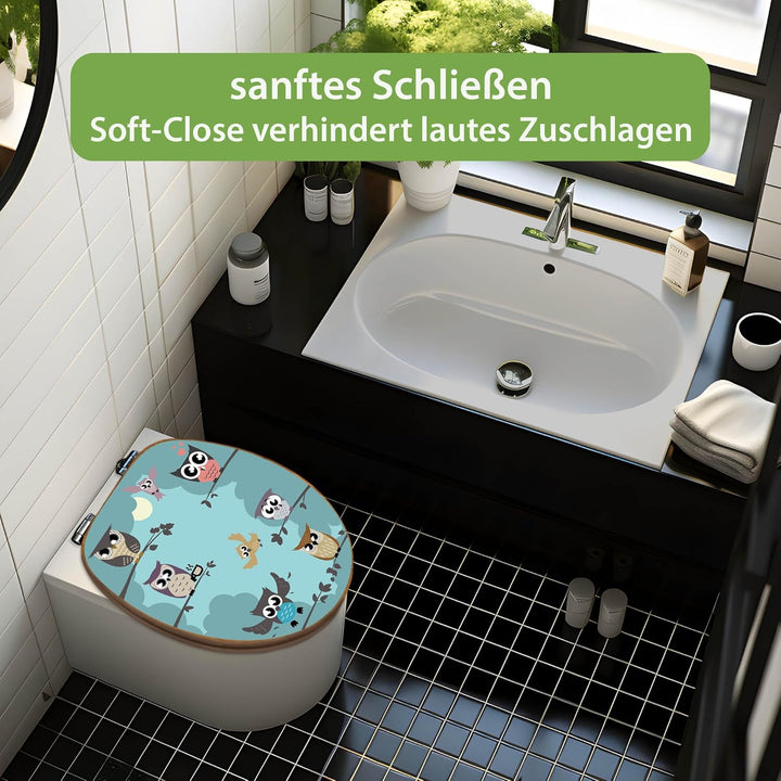 banjado® Design WC Sitz Bambus Absenkautomatik mit Motiv Acht Eulen/Toilettendeckel mit Absenkautoma