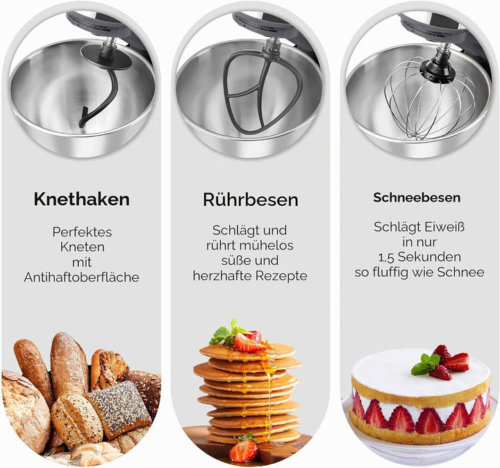 Karaca Mastermaid Chef Pro Double Armed Küche Koch 1500W Space Gray, Glänzend Cream, 1500W, 5 L Mixe