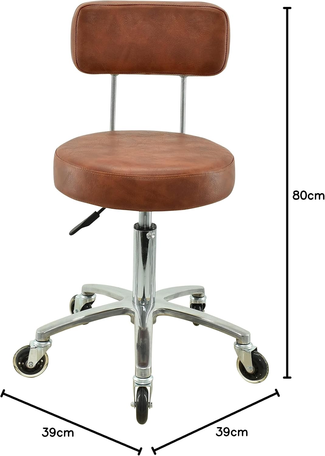 Premium Rollhocker mit Lehne in Hellbraun - Höhenverstellbar von 50 bis 65 cm - Rundsitz - Drehhocke