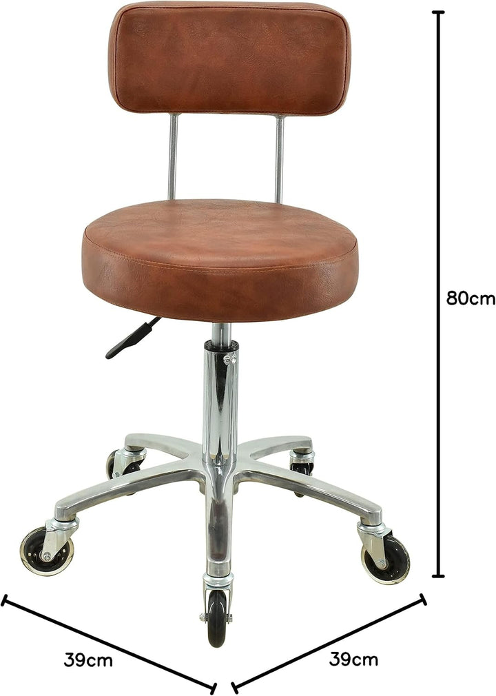 Premium Rollhocker mit Lehne in Hellbraun - Höhenverstellbar von 50 bis 65 cm - Rundsitz - Drehhocke