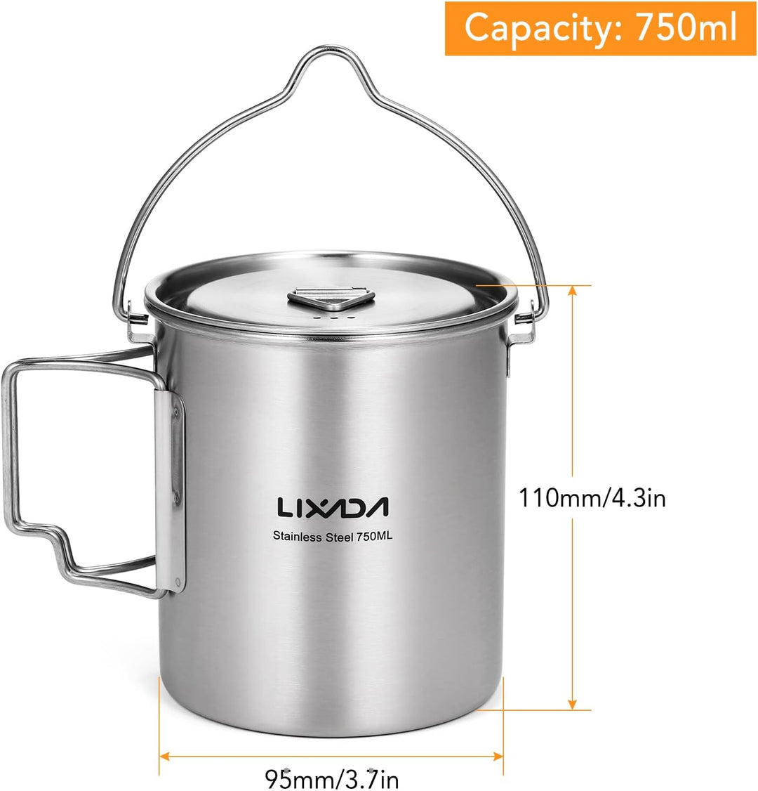 Lixada Camping Topf Edelstahl Titan Tasse Becher 750ml mit Faltbaren Griffe und Deckel Outdoor Tasse