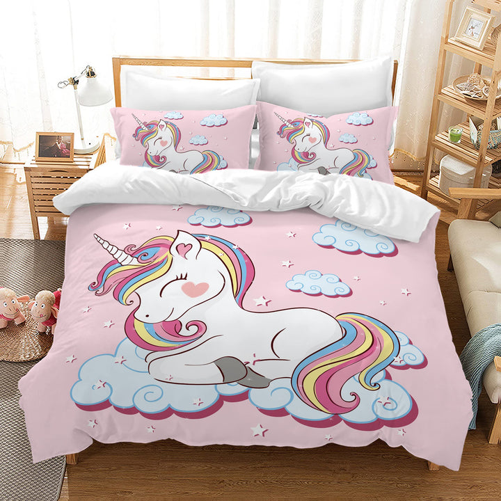 PQCXXA Kinder Einhorn Bettwäsche Mädchen-Bettwäsche Set Rosa 3D Cartoon Einhorn Bunt Blume drucken B