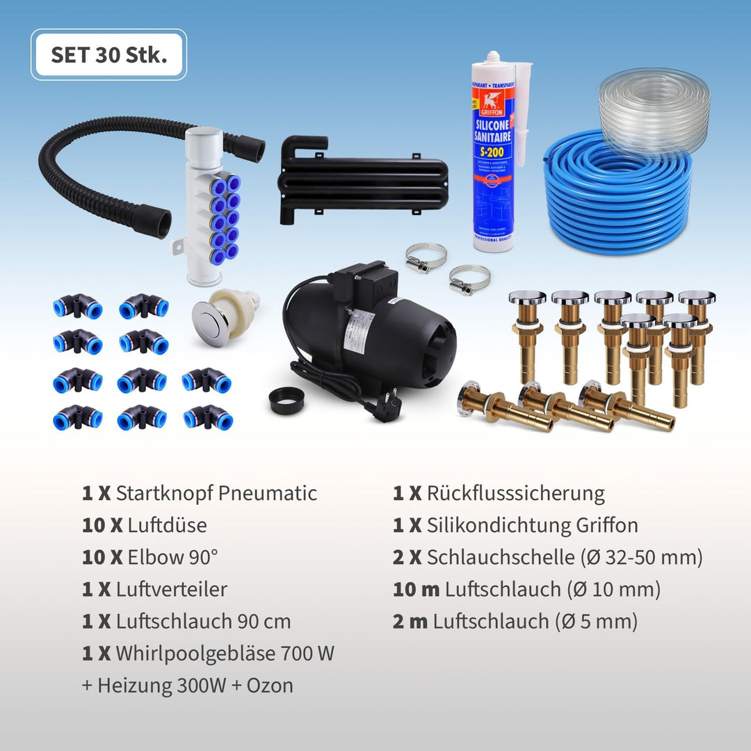 AQUADE Gebläse Set Whirlpool Bausatz Luftgebläse Airblower mit Airjets für Badewanne mit 10 Airjet,