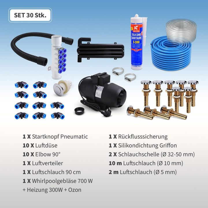 AQUADE Gebläse Set Whirlpool Bausatz Luftgebläse Airblower mit Airjets für Badewanne mit 10 Airjet,