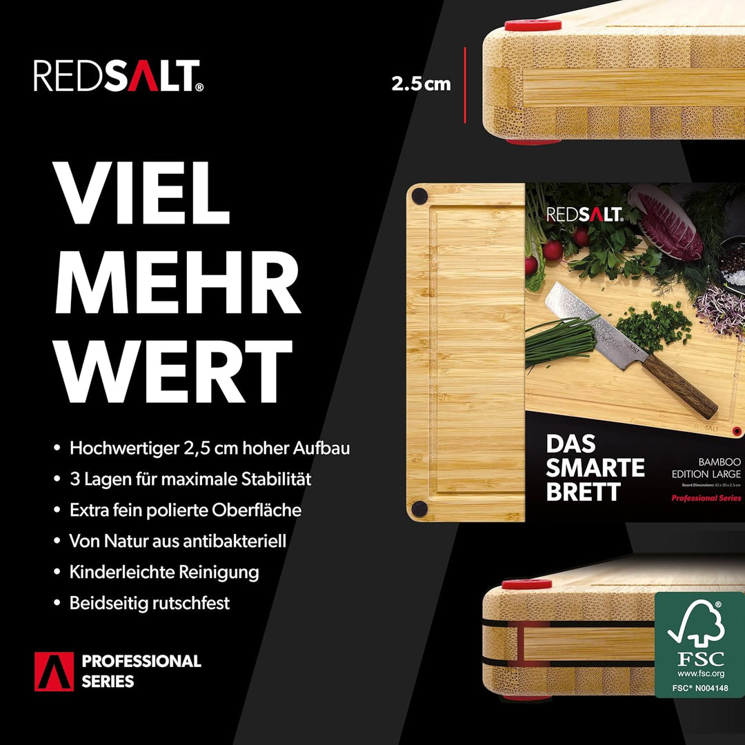 REDSALT® innovatives Bio Bambus Holz Schneidebrett rutschfest M 36x26x2,5cm | Holzbrett gross beidse