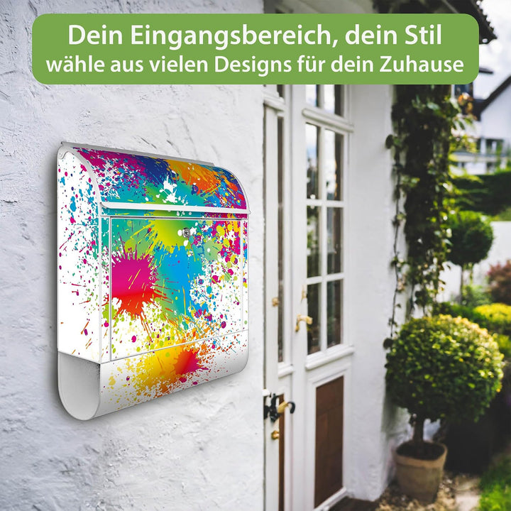 banjado® Design Briefkasten mit Motiv Farbspritzer 39x47x14cm &amp; 2 Schlüssel - Briefkasten Stahl weis