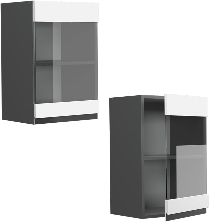 Vicco Küchenschrank Glas R-Line, Weiss/Anthrazit, 40 cm J-Shape Weiss Hängeglasschrank 40 cm, Weiss