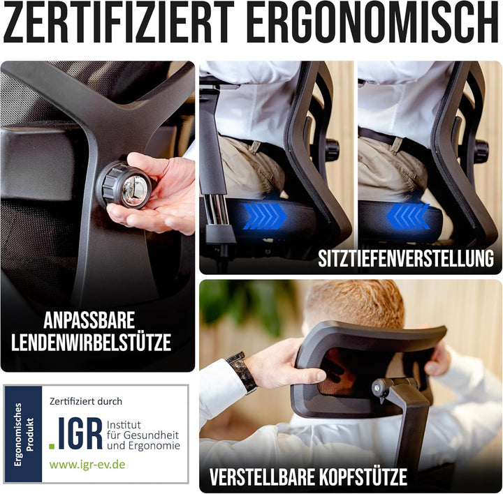 ELITESEATS Bürostuhl Ergonomisch [Silent Wheels] - Schreibtischstuhl [4D Armlehnen] - Office Chair [