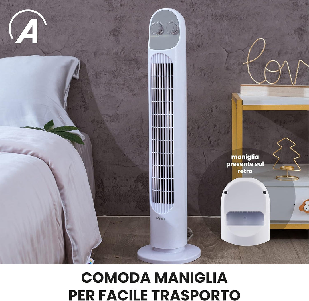 ARDES - Einstellbarer Vertikalventilator mit 3 Geschwindigkeitsstufen, Turm-Oszillation und integrie
