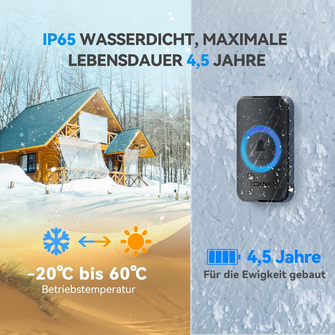 TECKNET Funkklingel, IP65 Funk klingel Set Aussen Wasserdicht, Kabellose Türklingel 600m Reichweite,