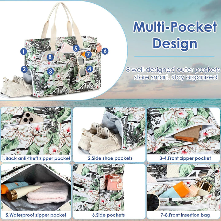 Makukke Strandtasche XXL, Gross Strandtasche mit Schuhfach Wasserdicht Sanddicht, Weekender Damen Fa