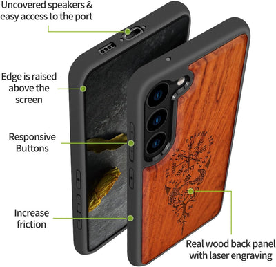 Carveit Handyhülle für Galaxy S23 Case [Holz und TPU Silikon Hybrid hülle] Stossfeste Stossstange ha