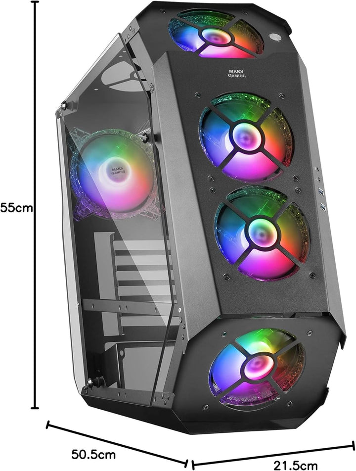 Mars Gaming MC51, Gehäuse Gaming PC ATX, Doppelt Gehärtetes Glas, 5X Lüfter RGB 12cm, Schwarz MC-51